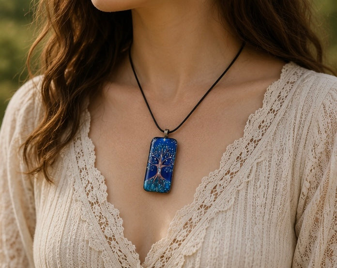 Moonlit Tree of Life Domino Art Necklace