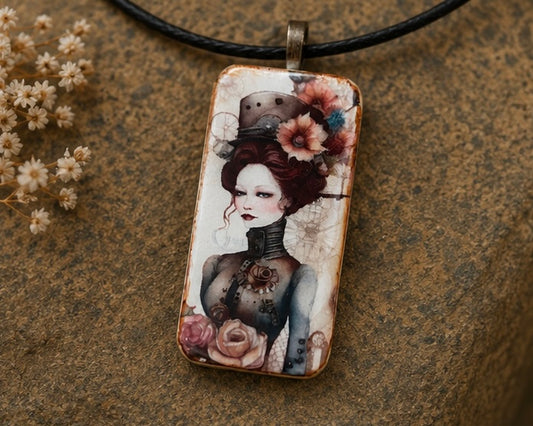 Steampunk in Bloom Domino Art Necklace