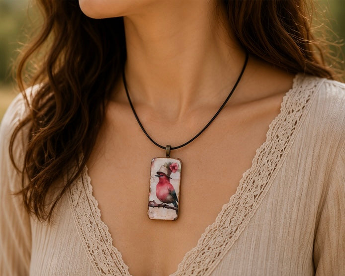 Pink Bird in Bloom Domino Necklace
