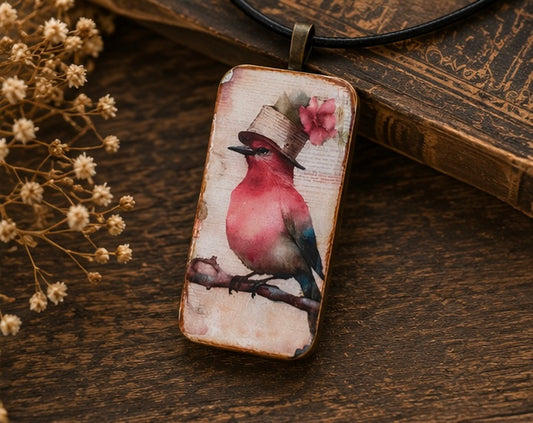 Pink Bird in Bloom Domino Necklace