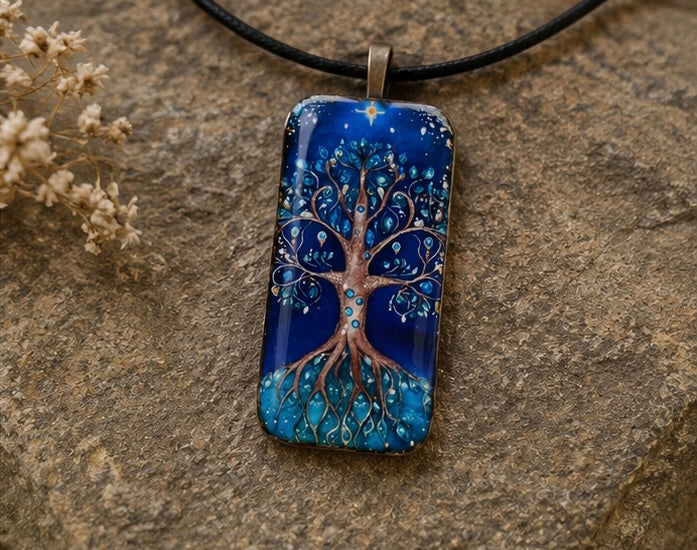 Moonlit Tree of Life Domino Art Necklace