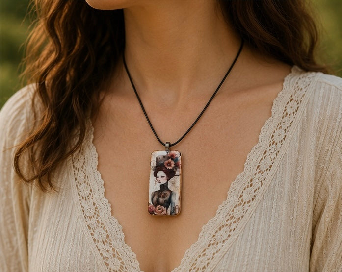 Steampunk in Bloom Domino Art Necklace