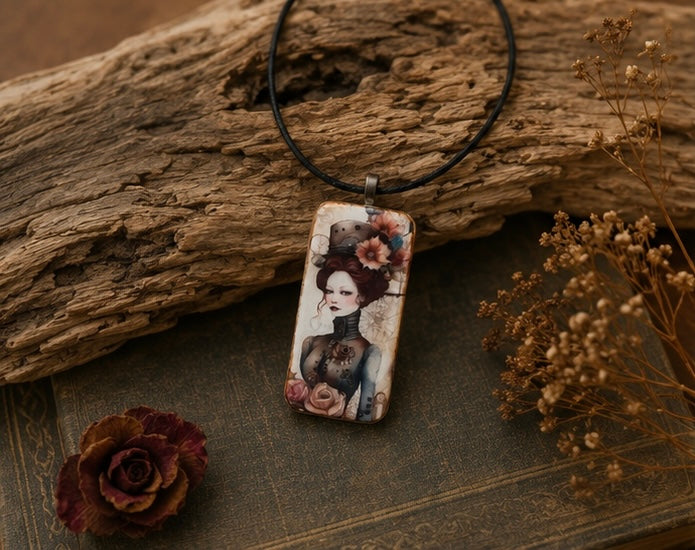 Steampunk in Bloom Domino Art Necklace