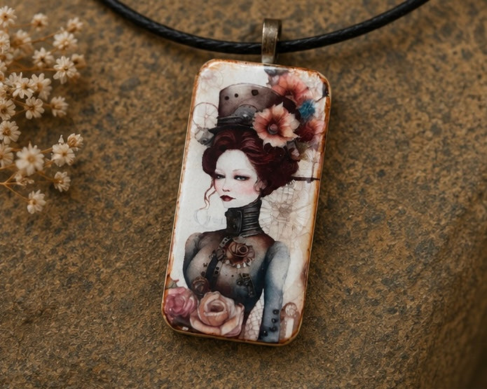 Steampunk in Bloom Domino Art Necklace