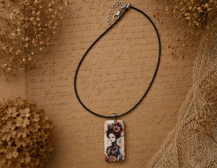 Steampunk in Bloom Domino Art Necklace