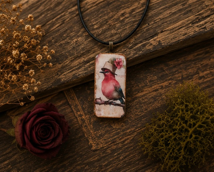 Pink Bird in Bloom Domino Necklace